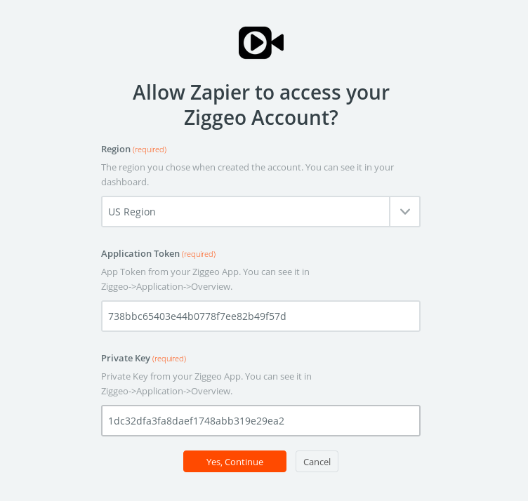 Properly filled out Application tokens for your Ziggeo app