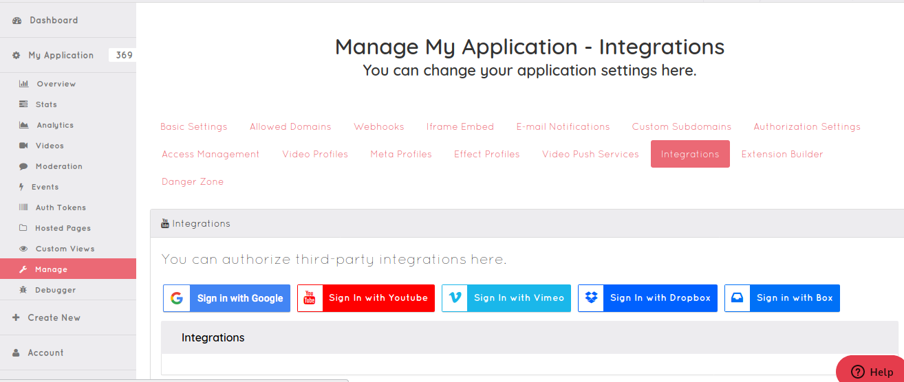 Manage > Integrations