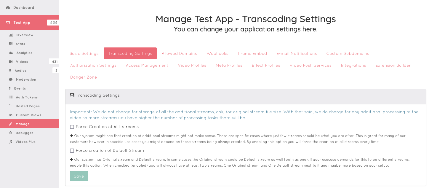 Dashboard and Transcoding Settings