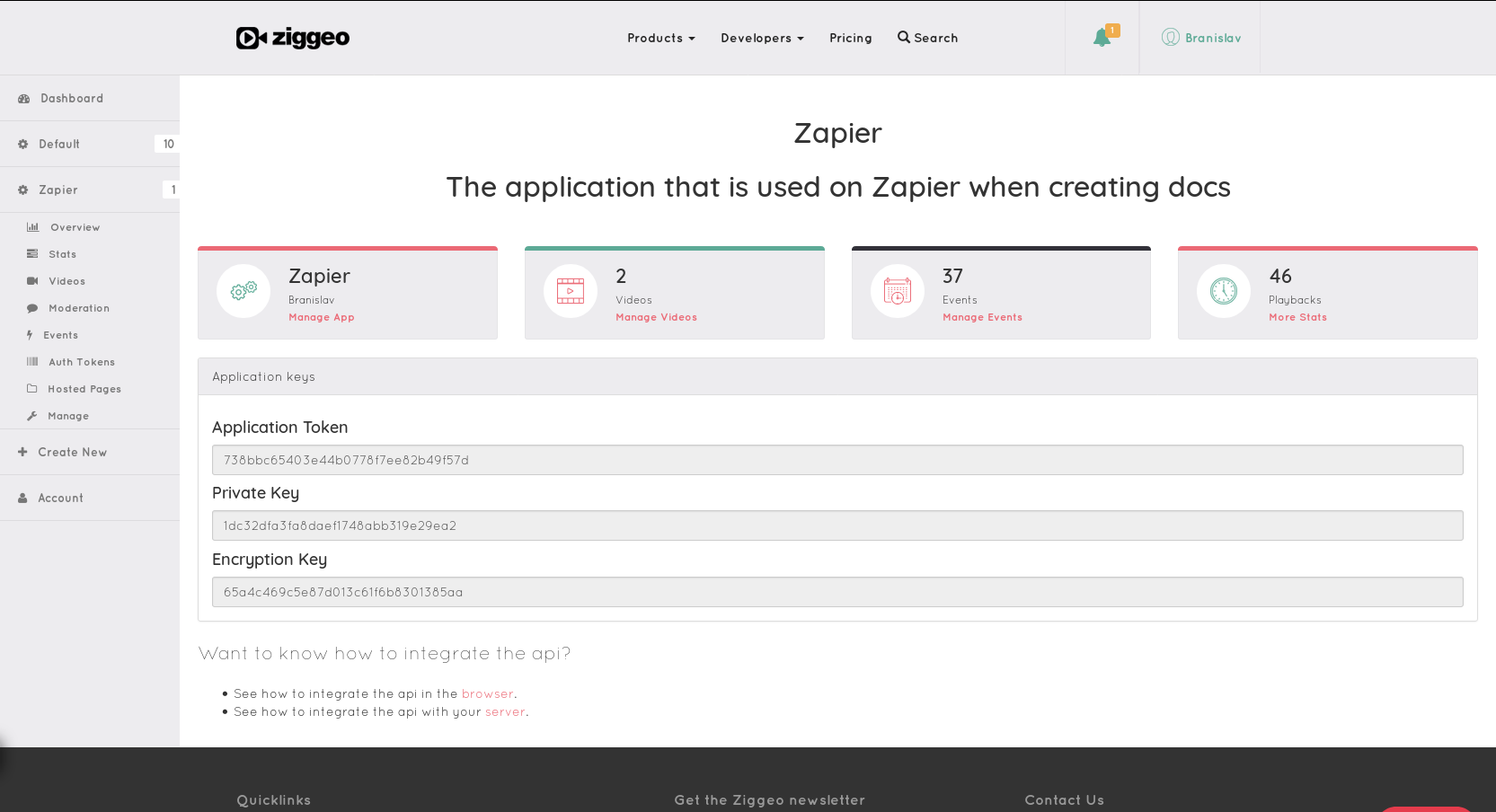 Account tokens and keys within dashboard