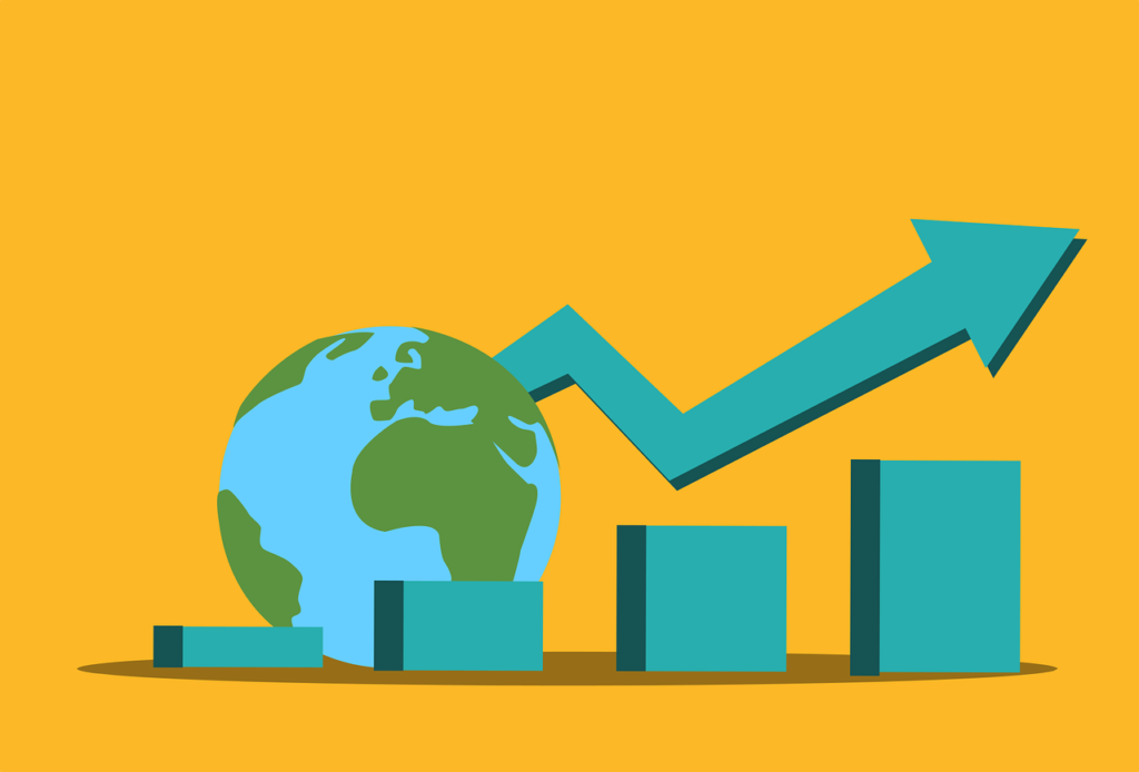 A graph like presentation with bars and arrow pointing up with a globe in behind the graph levels