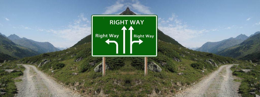 Mountain path background with a sign in front pointing in 3 different directions, each saying that it is the right way