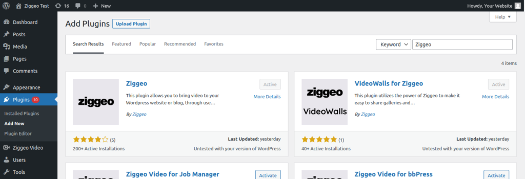 WordPress Plugins, add new plugin; Showing search for "Ziggeo"