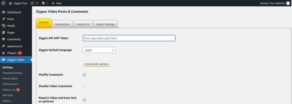 Ziggeo's plugin for WordPress, showing General tab with App Token field highlighted