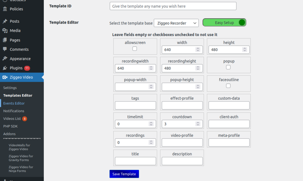 Ziggeo's WordPress plugin Templates Editor with Ziggeo Recorder template selected