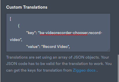 Screenshot capture of the Custom Translations settings field of Ziggeo widgets within JotForm Form builder.